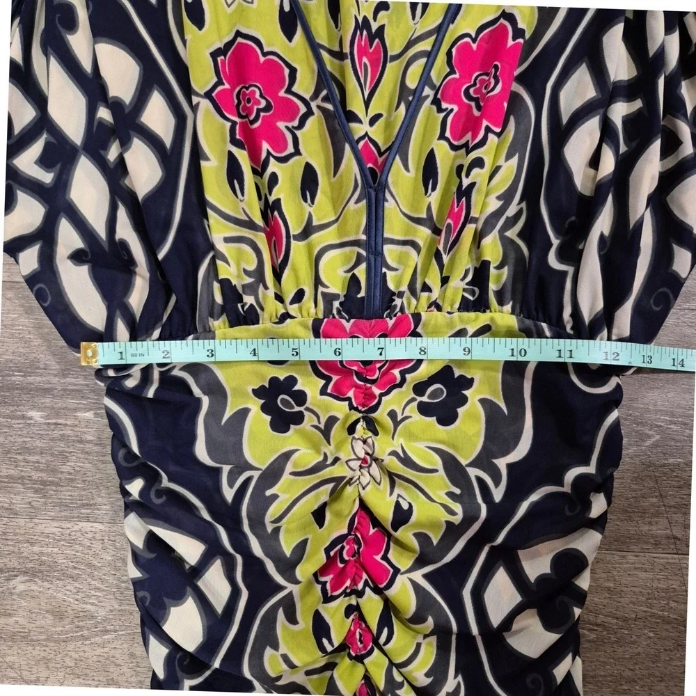 Hale Bob Floral Mesh Ruched V-Neck Dress Navy Pink Lime Womens Small